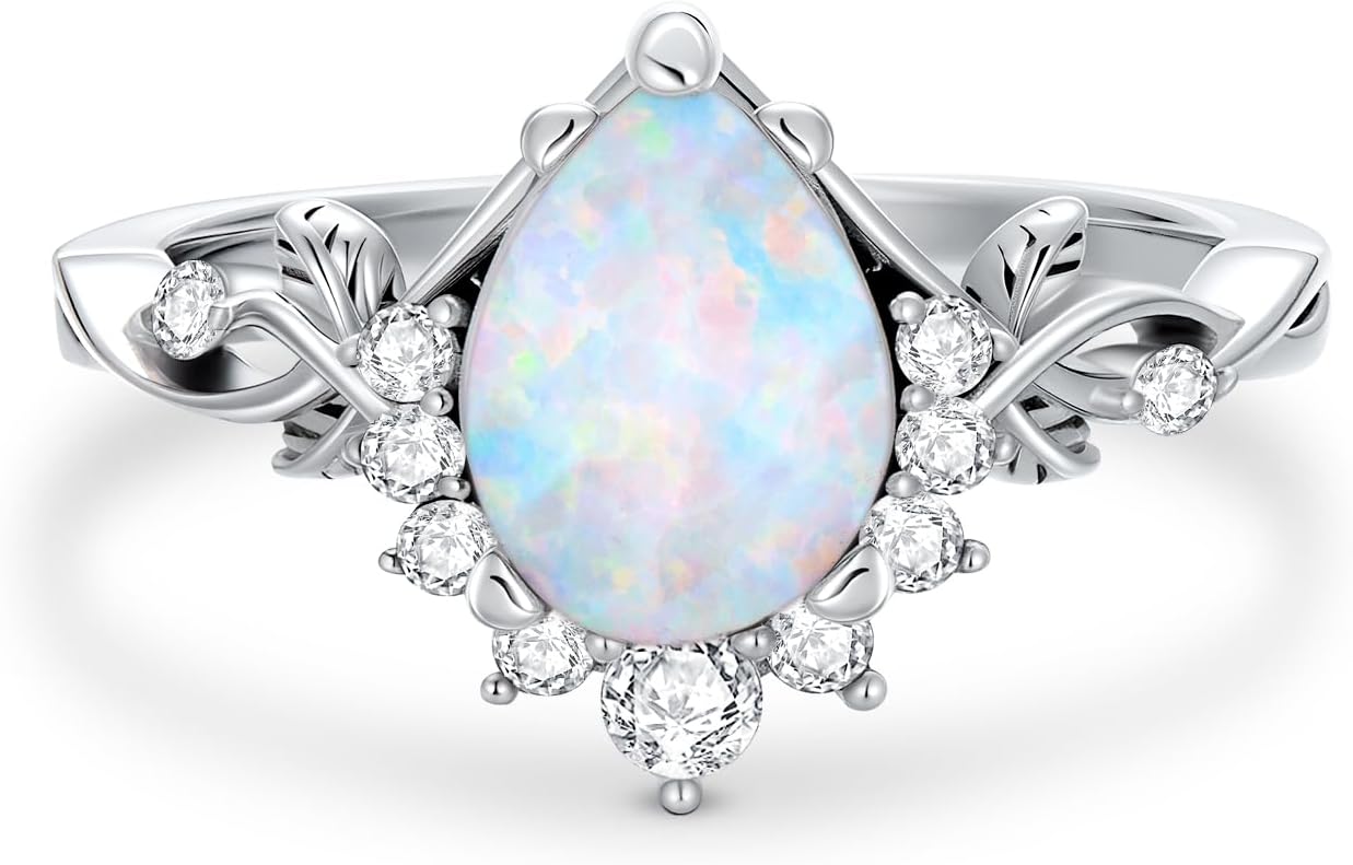 1.5 Carat 925 Sterling Silver Pear Shaped Opal Engagement Rings for Women Leaf Genuine Opal Promise Wedding Ring for Her