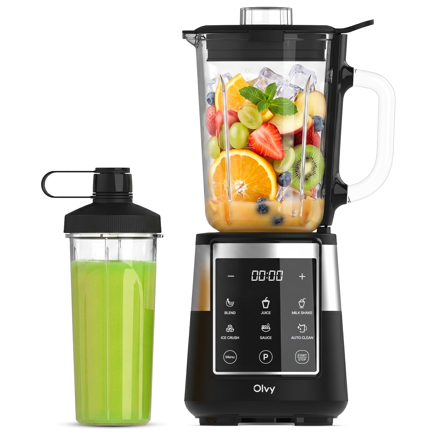 Olvy Blender Smoothie Maker 1500ml Szklany To-Go Timer LED 6 Noży-Black