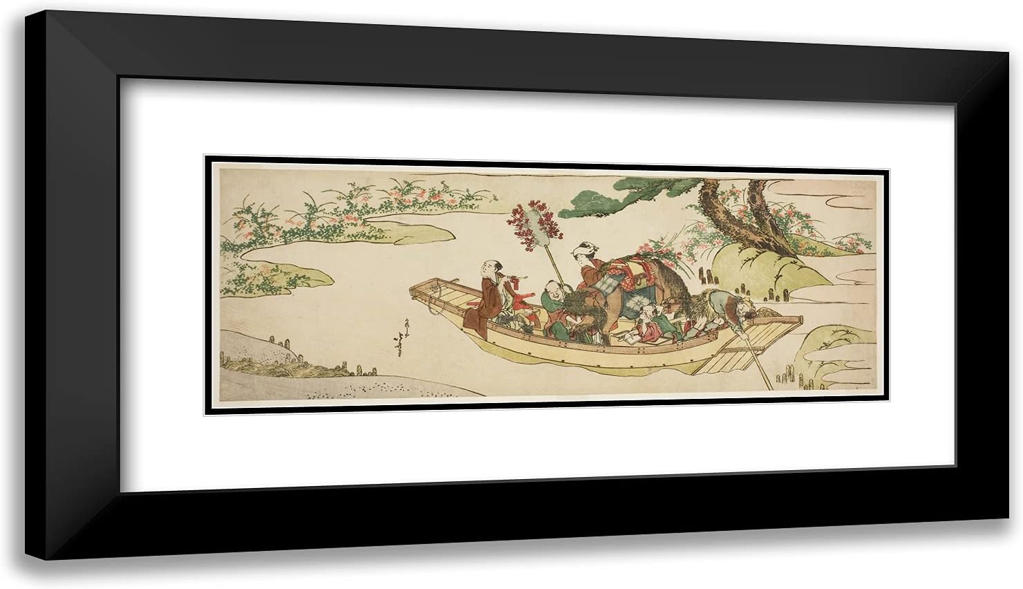 ArtDirect Katsushika Hokusai 24x14 Black Modern Framed and Double Matted Art Print Titled Ferry Boat