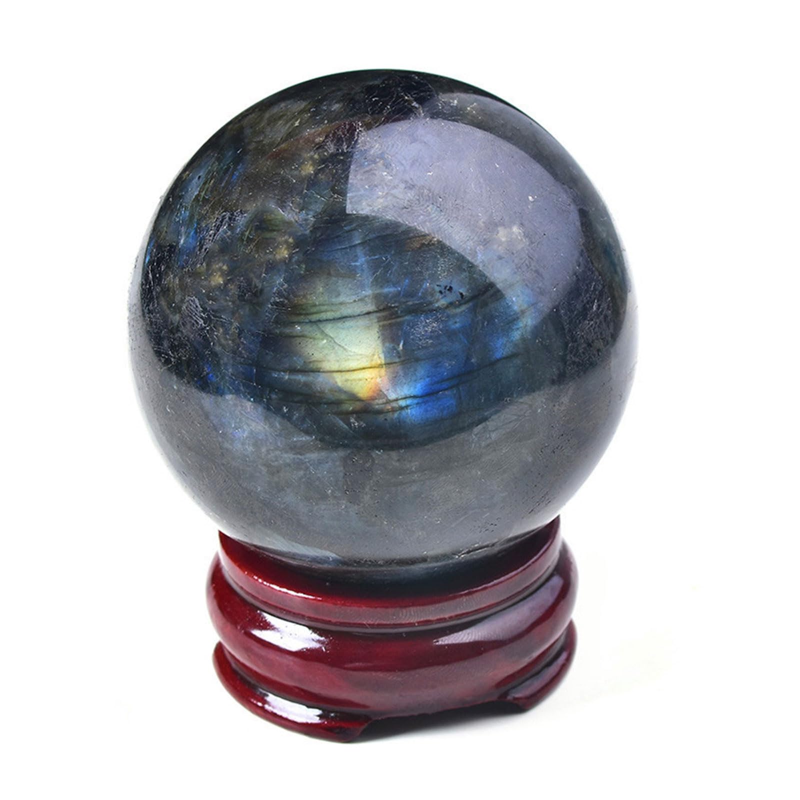 DQFOCPHHAA Labradorite Ball Crystal Sphere with Wood Stand Quartz Gemstone Sphere Ball for Divination Photography Decoration,100mm