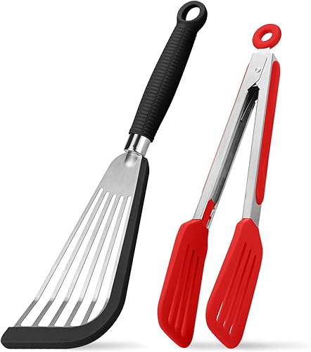 Winarrive Espátula de pescado espátula de pescado de silicona espátula de acero inoxidable ranurada con pinzas de silicona para cocinar juego de
