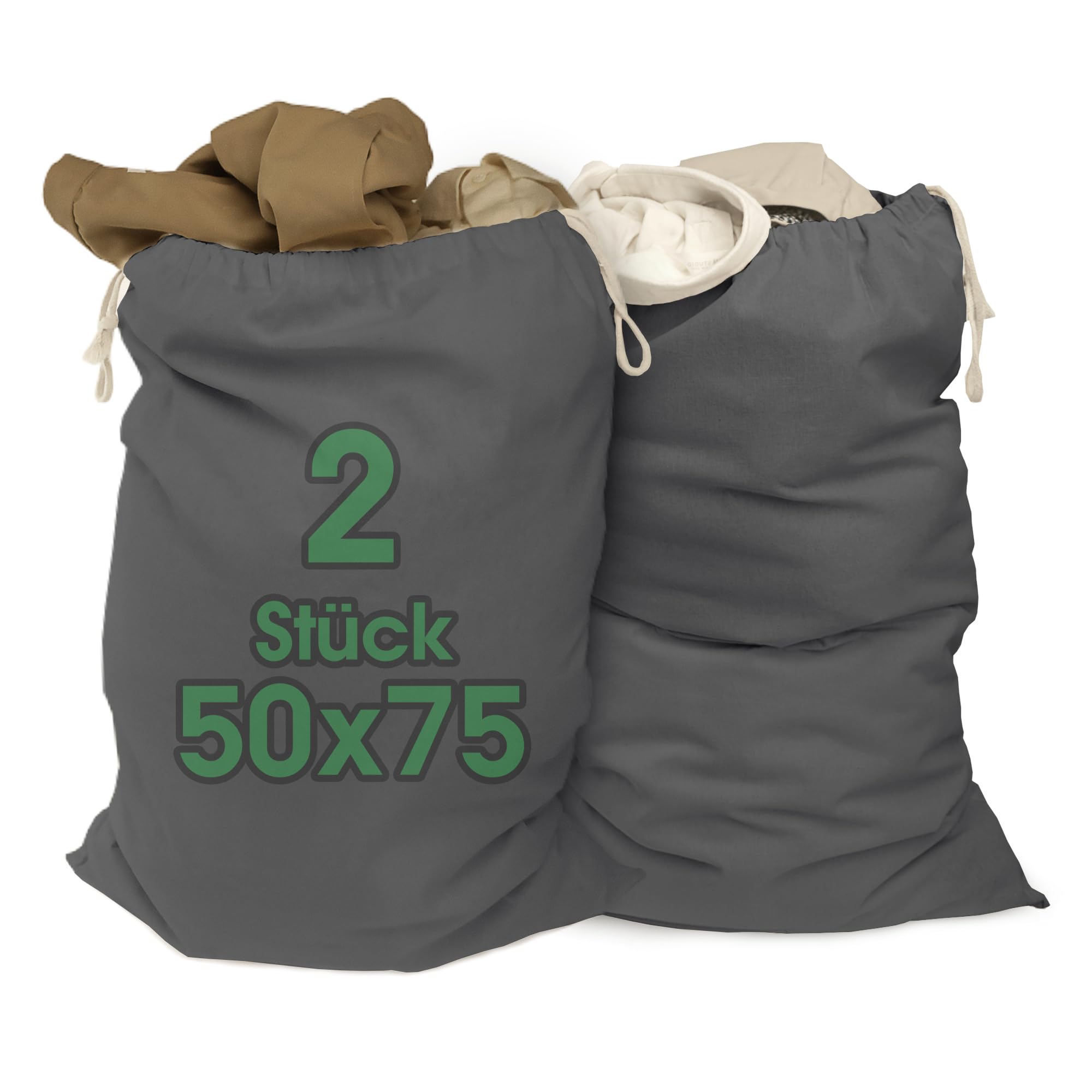 ELES VIDA® - Laundry Bags 50 x 75 cm Made of 100% Cotton - Extra Large Laundry Bags - Durable, with Drawstring, Travel Laundry Hamper Laundry Box Clothes Bag Storage in (Grey, 50 x 75 | Pack of 2)