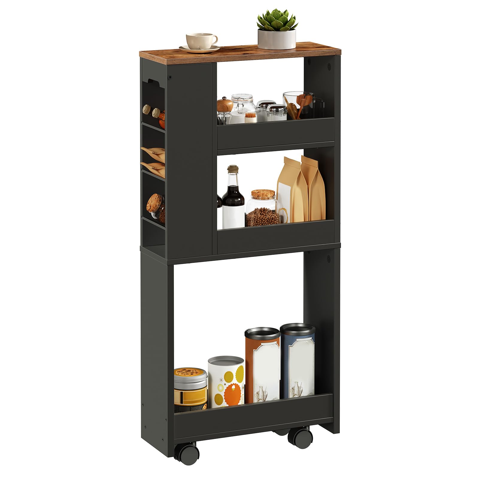 HOOBRO Carro Estrecho de 4 Niveles, 40 x 15 x 85,5 cm, con 4 Ruedas Giratorias Bloqueables, para Espacio Pequeño, Cocina, Baño, Sala de Estar, Negro y Marrón Rústico EBF84TC01