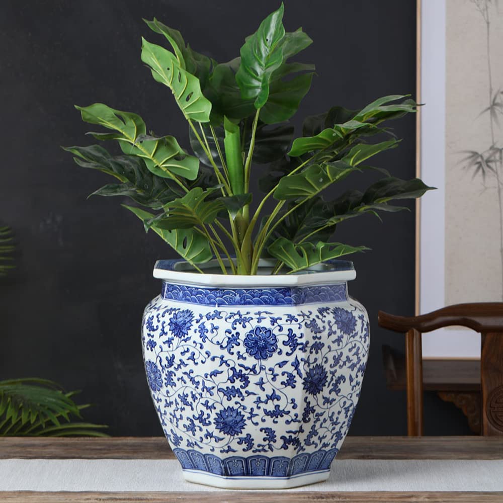 DFGHNBVC Jingdezhen Ceramic Flower Pot Calligraphy And Painting Cylinder Scroll Calligraphy And Painting Storage Blue And White Porcelain Antique Octagonal Chinoiserie Ornament Tree Pot,B-with holes