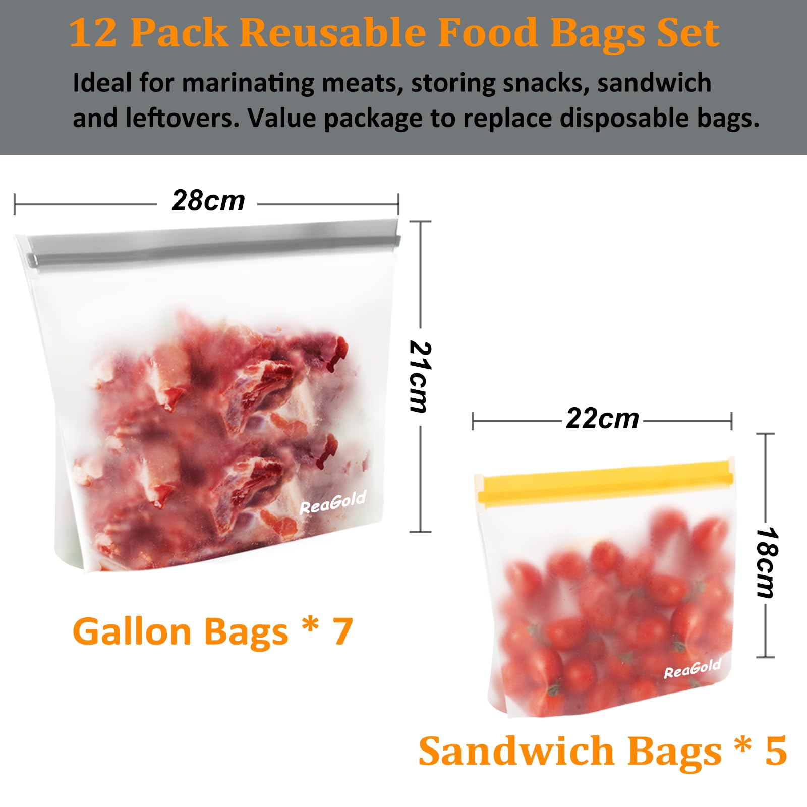 12 Stück Gefrierbeutel Wiederverwendbar mit Stehendes Boden-Design, ReaGold Silikonbeutel für Lebensmittel, Aufbewahrungsbeutel Sandwichbeutel Küche Beutel für Gemüse Milch Snacks Fleisch