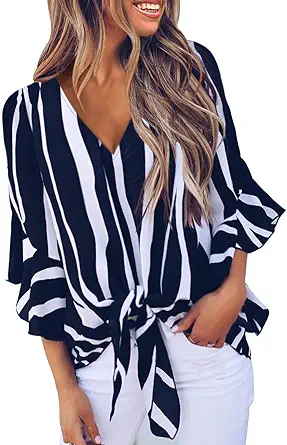 Asvivid womens casual boho floral print 3/4 flare sleeve blouses