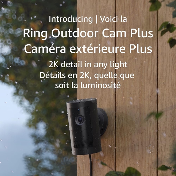 环形户外摄像头Plus，插电版 — 2K高清视频，低光夜视，全彩夜视，24/7录制（需订阅），黑色