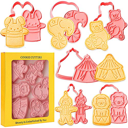 SQHOHO Circus Animal Cookie Cutters 6 Pcs Fondant Cutters Plunger Cookie Stamps, Hat Rabbit, Balloon Elephant, Bicycle Bear, Lion, Tent, Clown