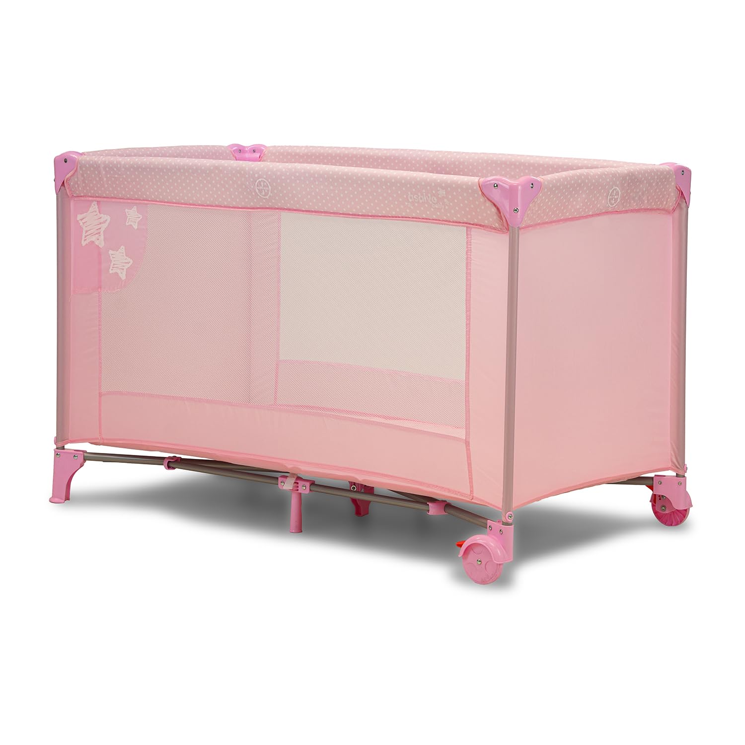 Asalvo Cuna de Viaje Bebé Plegable 0-3 Años (15 kg) | Cuna Portátil con Colchón, Bolsa y Ruedas con Freno | Parque Infantil Compacto Fácil de Transportar | Baleares Rosa