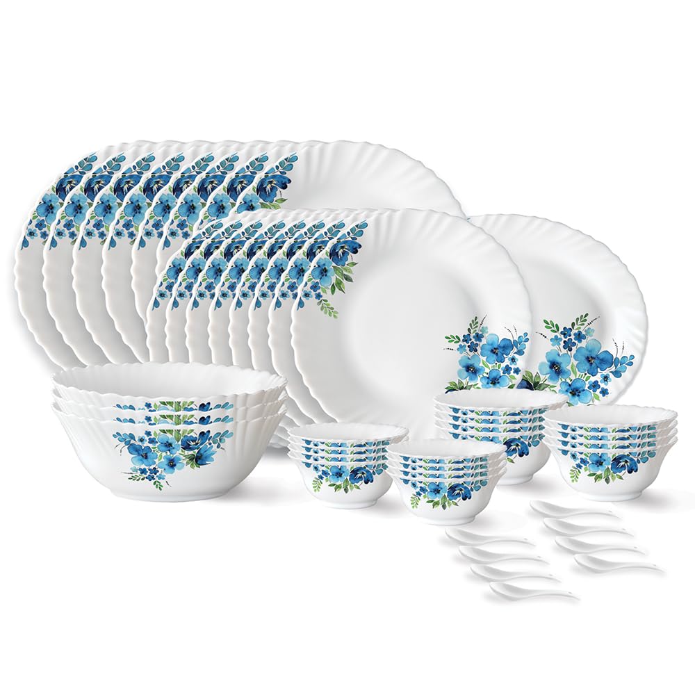 Pansy Fluted Series Opalware Dinner Set | 44 Pieces for Family of 8 | Microwave & Dishwasher Safe | Bone-Ash Free | Crockery Set for Dining & Gifting | Plates & Bowls | White