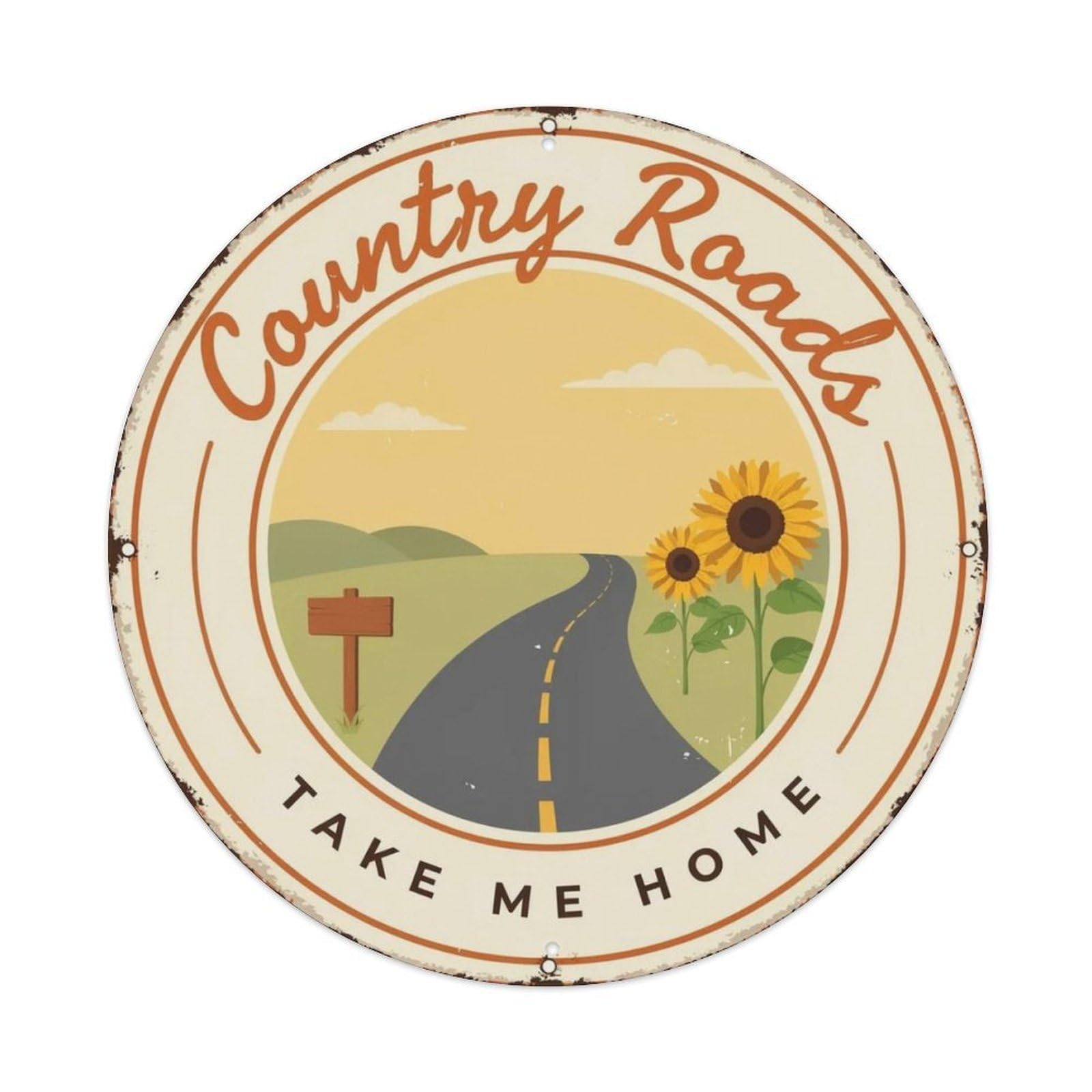 Country Roads Country Hand Drawn Metal Tin Sign Plaque