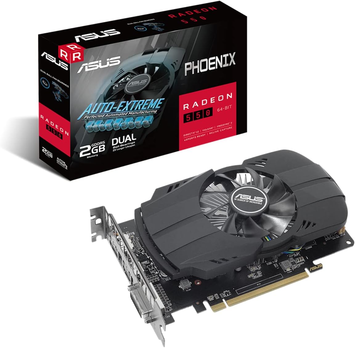 ASUS Phoenix AMD Radeon 550 Scheda Grafica, 2GB GDDR5, PCIe 3.0, HDMI, DisplayPort, DVI-D, Resistenza Alla Polvere IPX5, Ventola con Doppio Cuscinetto a Sfera, Tecnologia Auto-Extreme, Nero ASUS Phoenix AMD Radeon 550 Scheda Grafica, 2GB GDDR5, PCIe 3.0, HDMI, DisplayPort, DVI-D, Resistenza Alla Polvere IPX5, Ventola con Doppio Cuscinetto a Sfera, Tecnologia Auto-Extreme, Nero