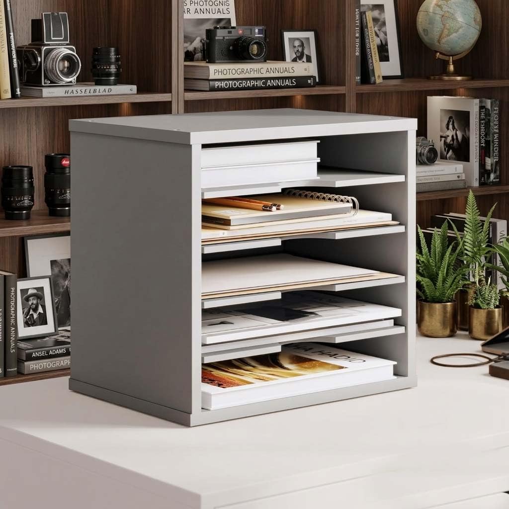 EMIWUD FURNITURE Modern Wooden Desktop File Organizer, 5-Tier Black Paper Sorter, Engineered Wood, Tabletop Mounting, Glossy Finish, for Office School Home, 36x25x25 cm (Grey, 5 Compartment)
