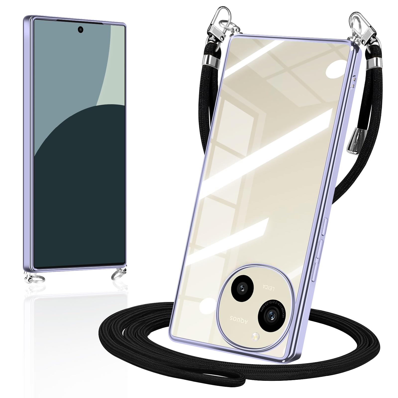 AQUOS sense10/sense9 用 ケース クリア ショルダー SH-53F SH-M33 SH-53E SHG14 SH-M29 カバー スマホケース アクオスセンス10/9 透明 TPU 肩掛け 首掛け 斜めかけケース 薄型 耐衝撃 メッキ加工(ライトパープル)