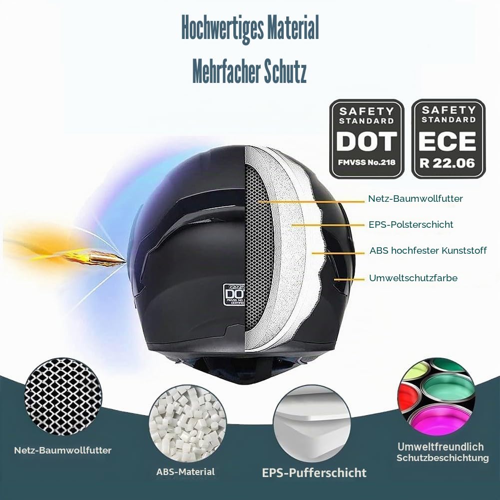 Klapphelm mit Bluetooth, Integriert Motorradhelm, ECE Zertifiziert Integralhelm mit Doppelvisier, mit Eingebautem Mikrofon für Automatische Reaktion, für Männer und Frauen XS~XL
