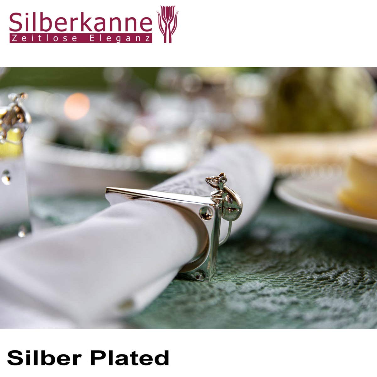 Serviettenring Maus und Käse 5,5x3,5x2,0 cm 4er Set Premium Silber Plated edel versilbert in Top Verarbeitung. Fertig zum verschenken mit schicker Geschenkverpackung