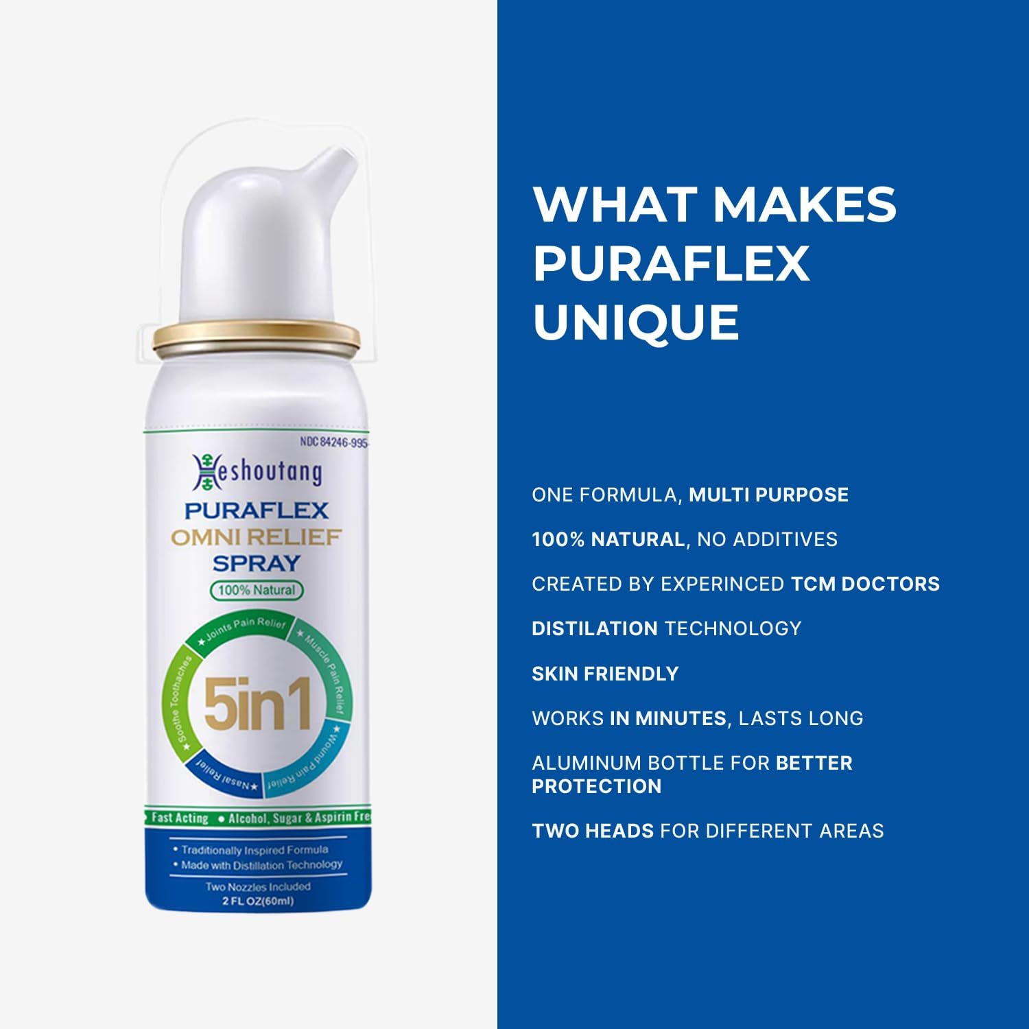 PuraFlex OmniRelief Spray – Fast-Acting Natural Pain & Nasal Relief | 5-in-1 Multi-Purpose Herbal Formula, 60ml