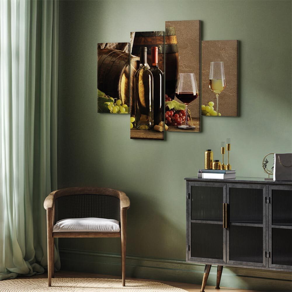 decomonkey Quadri Moderni Soggiorno Vino Uva Cucina, 4 pezzi, 126x98 cm | Tela strutturata su telaio in legno, decorazione da parete, ristorante, azienda, vinicola, botte, bottiglia, bianco, marrone