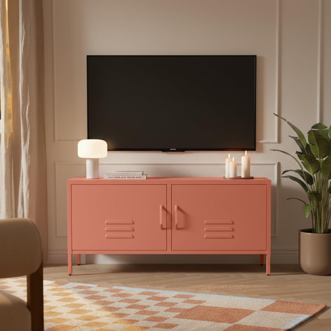 skølm Atria Lowboard aus Metall – TV Schrank in Terrakotta – Fernsehtisch mit 4 verstellbaren Fächern – TV Board 105x38x55 cm (BxTxH) – Sideboard / Fernsehschrank / Wohnzimmerschrank / Metallschrank