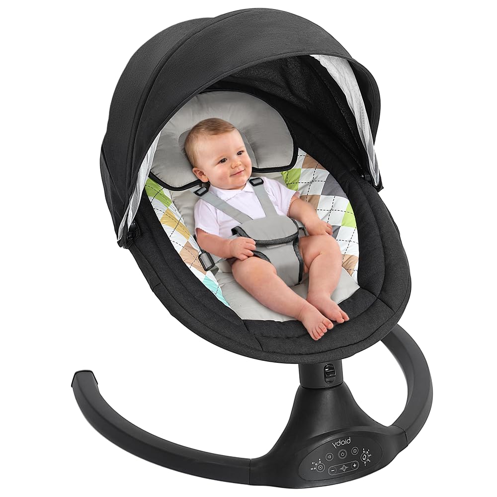 Bioby Hamaca Bebe Electrica, Mecedora Bebe con Arnés de 5 Puntos, 5 Amplitudes de Balanceo, con Bluetooth, Mando a Distancia, Columpio Bebe Balancin Ligero para Bebés de 2 a 9 kg, 0-10 Meses (Negro)