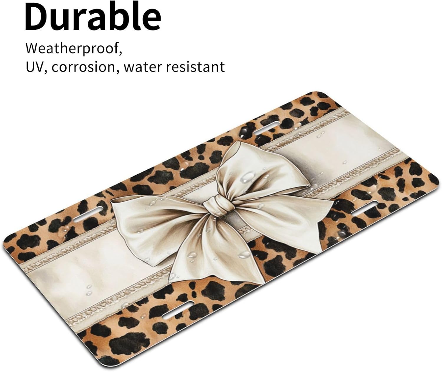 Chic Leopard Print Cream Bow License Plate Decorative Car Front,Metal Car Plate,Vanity Tag,Aluminum Noverlty License Plate Waterproof Colorfast 6×12 Inch