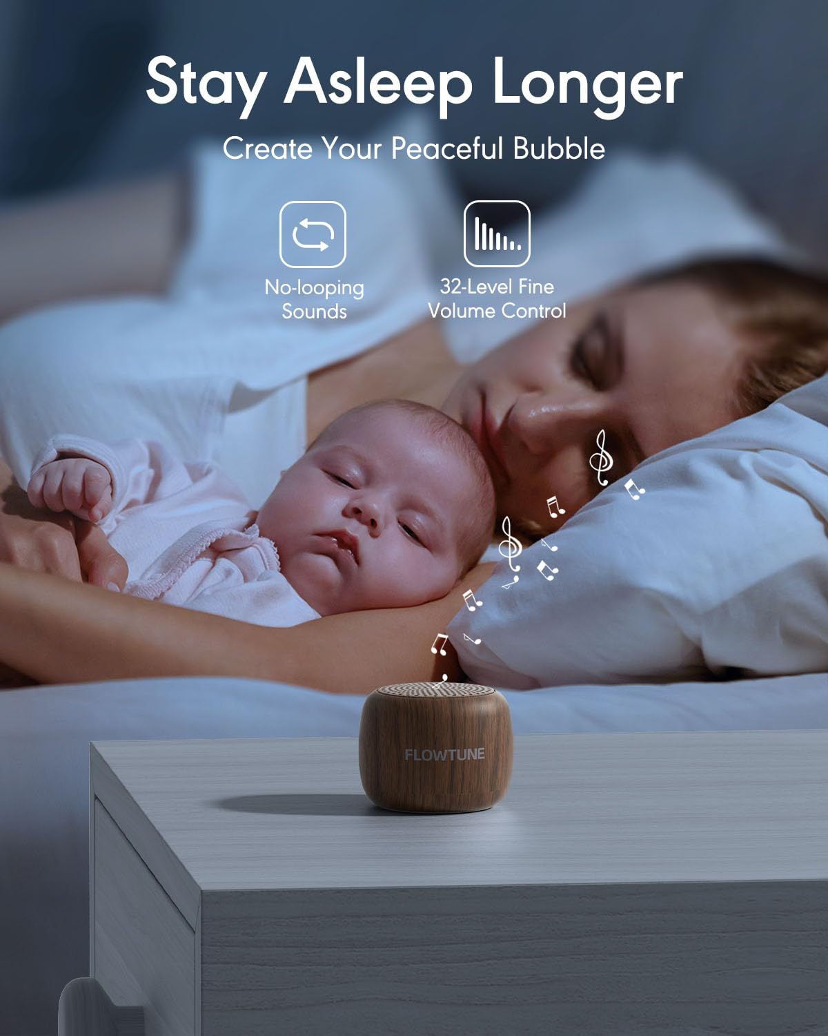 FLOWTUNE Máquina de sonido de ruido blanco para bebés adultos, 18 sonidos sin bucle, temporizador, función de memoria, regalo portátil de terapia de sonido para dormir (grano de madera)