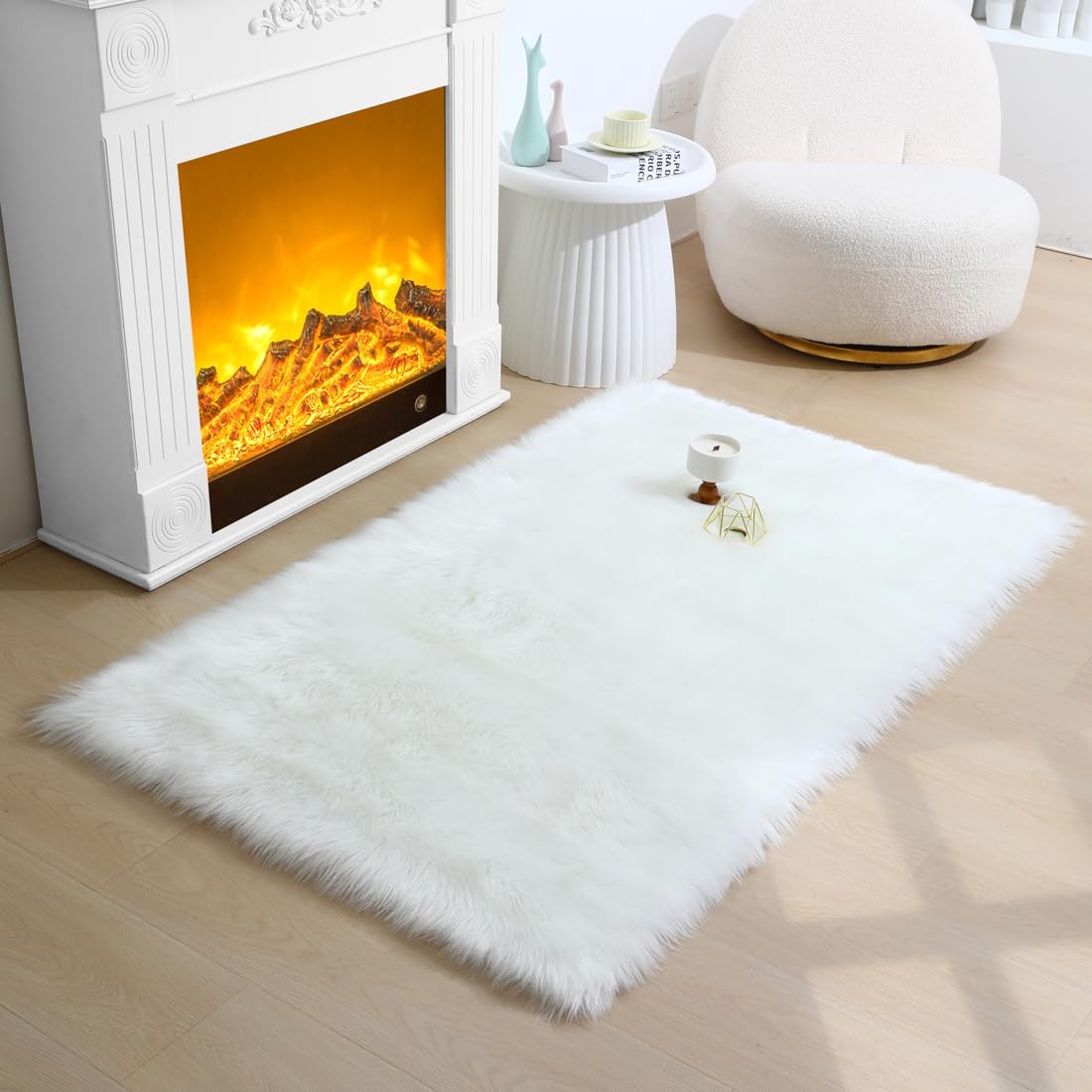 CKLZSAY White Faux Fur Rug Fluffy Sheepskin Area Rug,2x4 Ft Ultra Soft Shaggy Plush Rug for Bedroom Bedside Living Room Nursery Kids Room