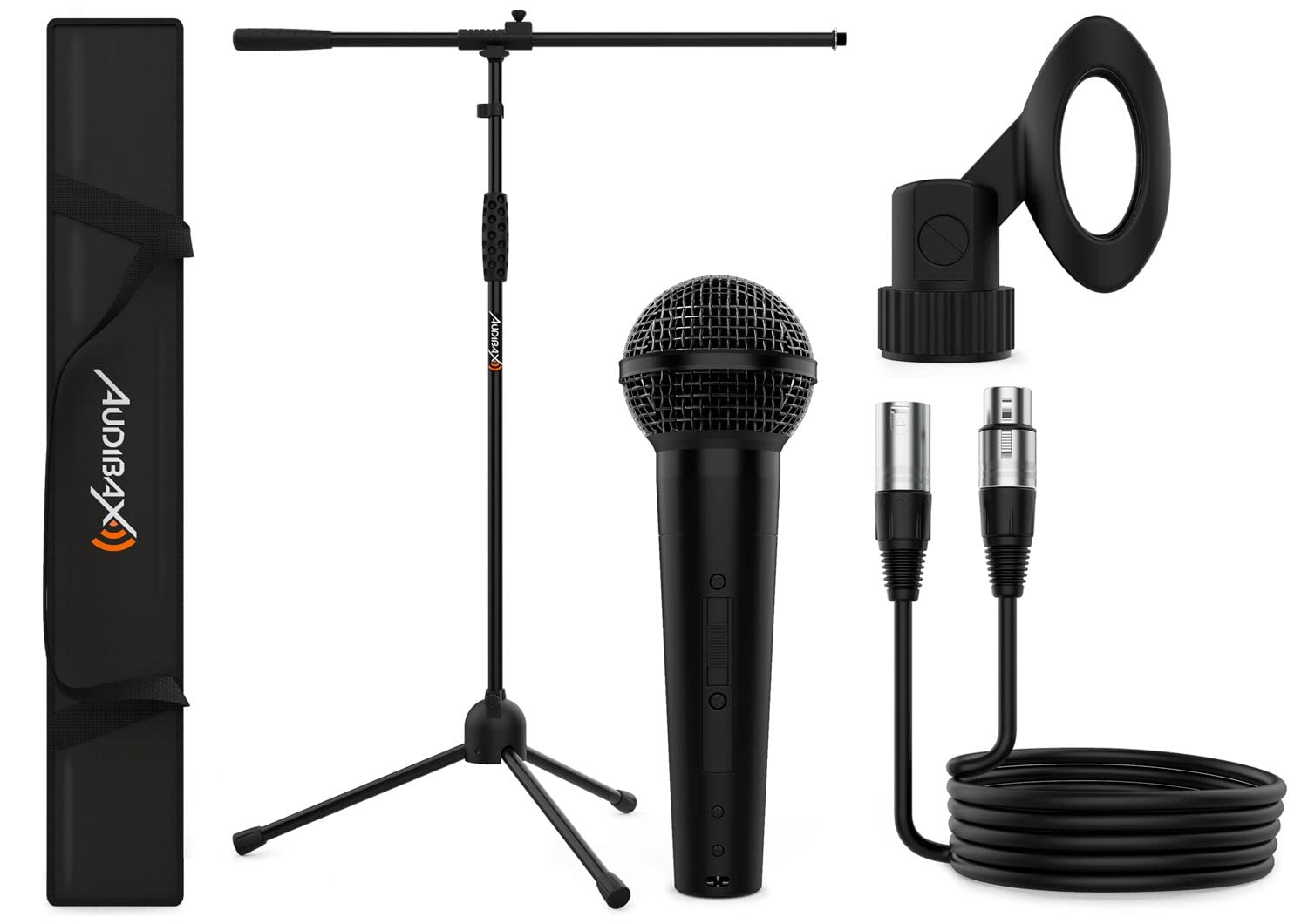 Audibax Zestaw z mikrofonem i akcesoriami - Zawiera dynamiczny mikrofon kardioidalny, stopkę słupka, kabel i torbę do przenoszenia - mikrofon z przełącznikiem - zacisk gwintowany 5/8"
