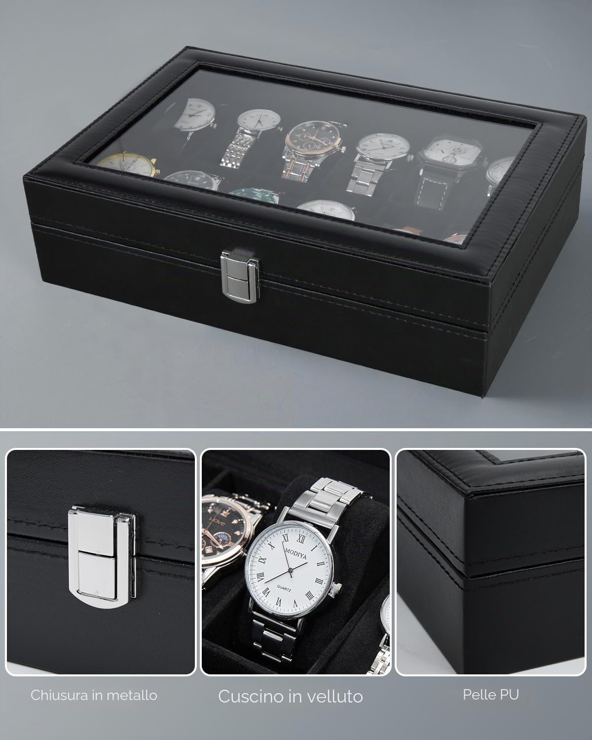 Ohuhu Scatola porta Orologi a 12 Scomparti, Custodia Orologi con Coperchio in Vetro e Cuscinetti Rimovibili in Velluto, Porta Orologi per Uomo e Donna, Regalo per il Compleanno di San Valentino