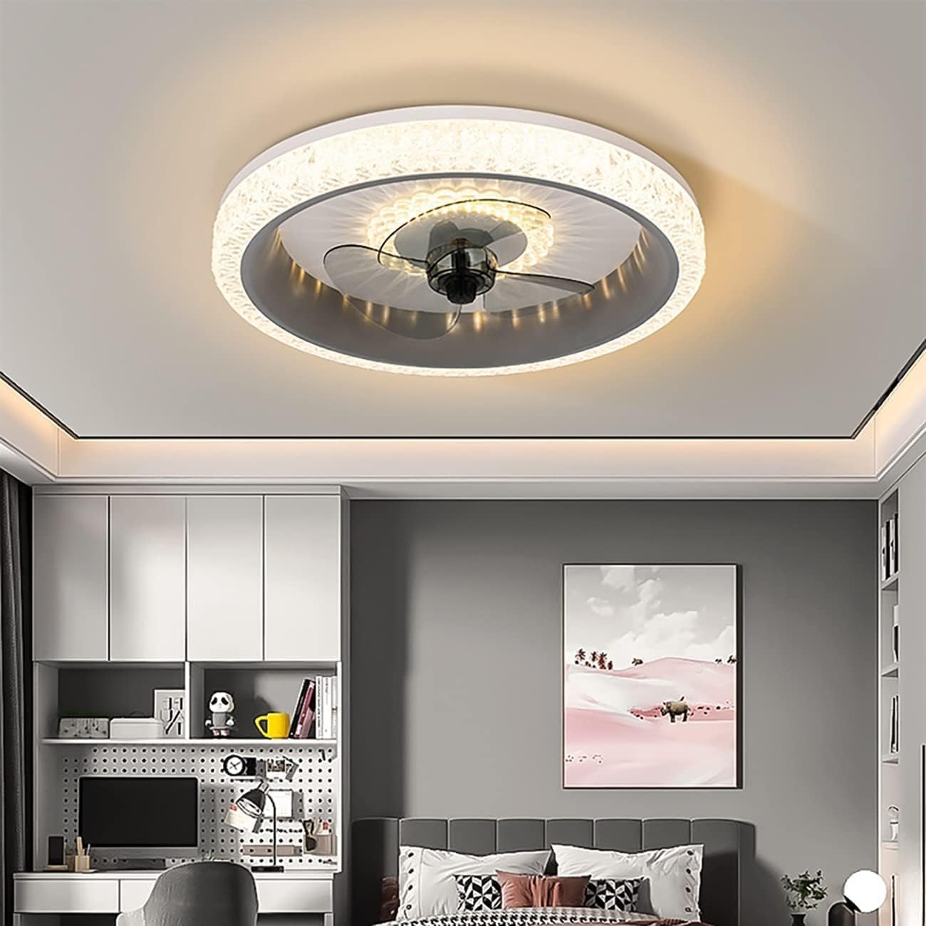 Nordic Modern Minimalist Round Pink Fan Ceiling Light Mute 3-Speed Fan Light with Remote Control Dimming Children's Room Fan Ceiling Lamp Acrylic Lampshade Home LED Ceiling Light