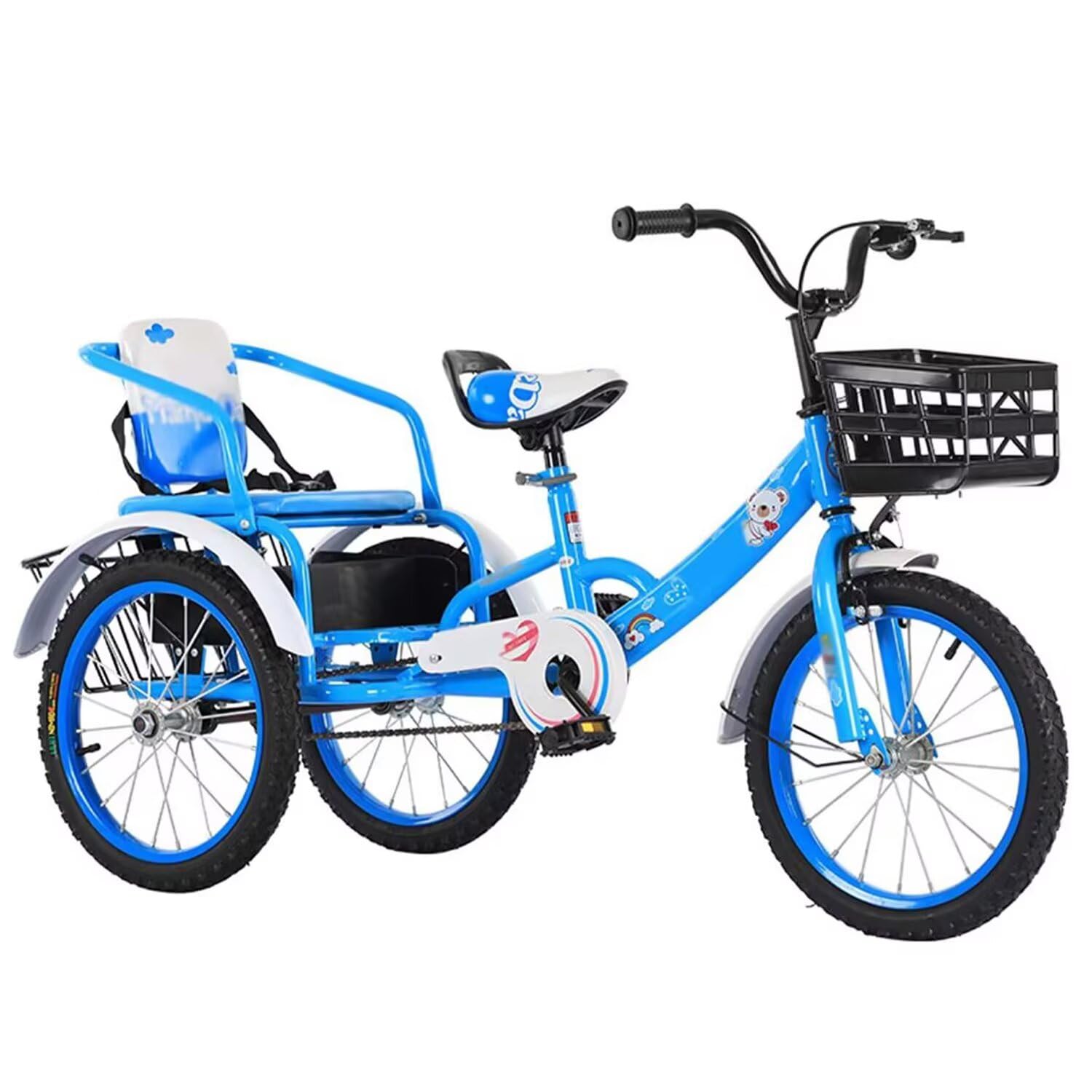 Pedal tricycles for Age 3-10,Cruiser Trike with Single Brake,Tandem trikes with Rear Passenger seat,tricycles for Daily Riding,3 Wheels,Rickshaw for Children, blue-16inch