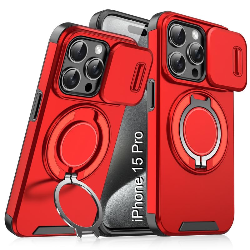 Image of LuxuryKase Shockproof Rugged Case for iPhone 15 Pro | Slide Camera Cover | 360 Rotating Ring Kickstand | Military-Grade Protection - Cherry Red