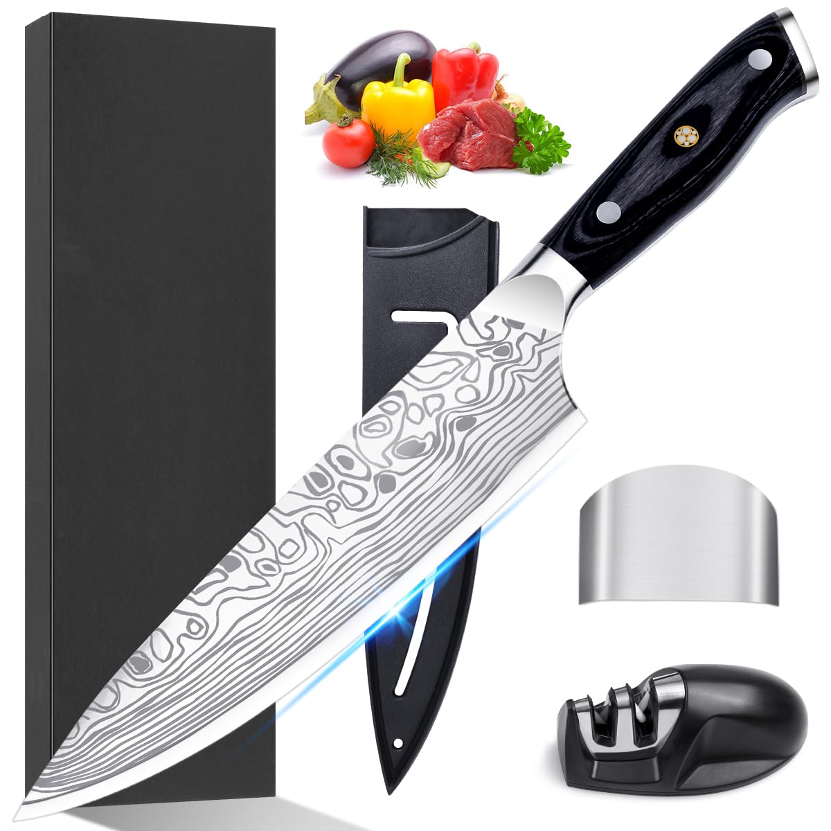 Cutiore Kochmesser 20cm Scharfes Küchenmesser Chefmesser mit Messerschärfer | Profi Messer aus 5Cr15MoV Edelstahl, 56+ HRC Härtegrad, 13° doppelseitige Schneide, Rostfest & Lang Scharf, Micartaholzgriff