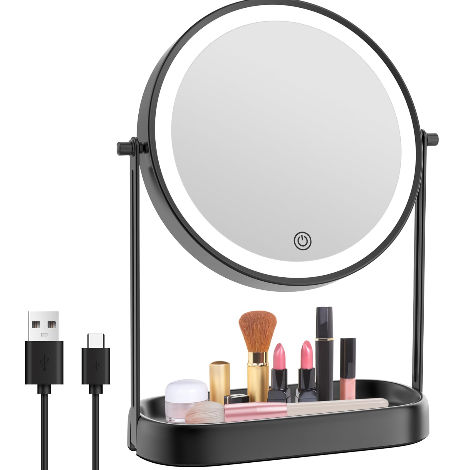 FASCINATE Lighted Makeup Mirror with Storage, 8" Rechargeable Magnifying Mirror with Light, Double Sided 1X 10X & 360°Rotation, Standing Desk Vanity Mirror 3 Color Dimmable with Magnification