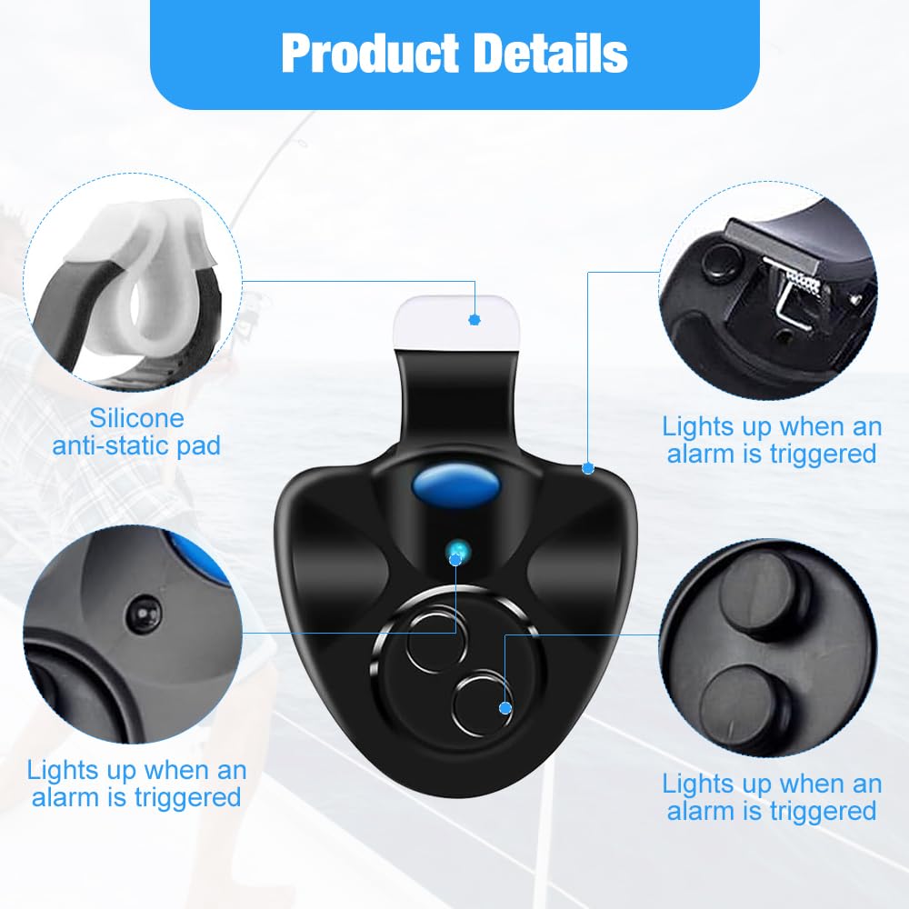 Mizikuu Lot de 3 détecteurs de touche électroniques à LED Light-Strike LED - Alarme de pêche avec détecteur de mouvement - Veilleuse - Pointe de canne à pêche à clip