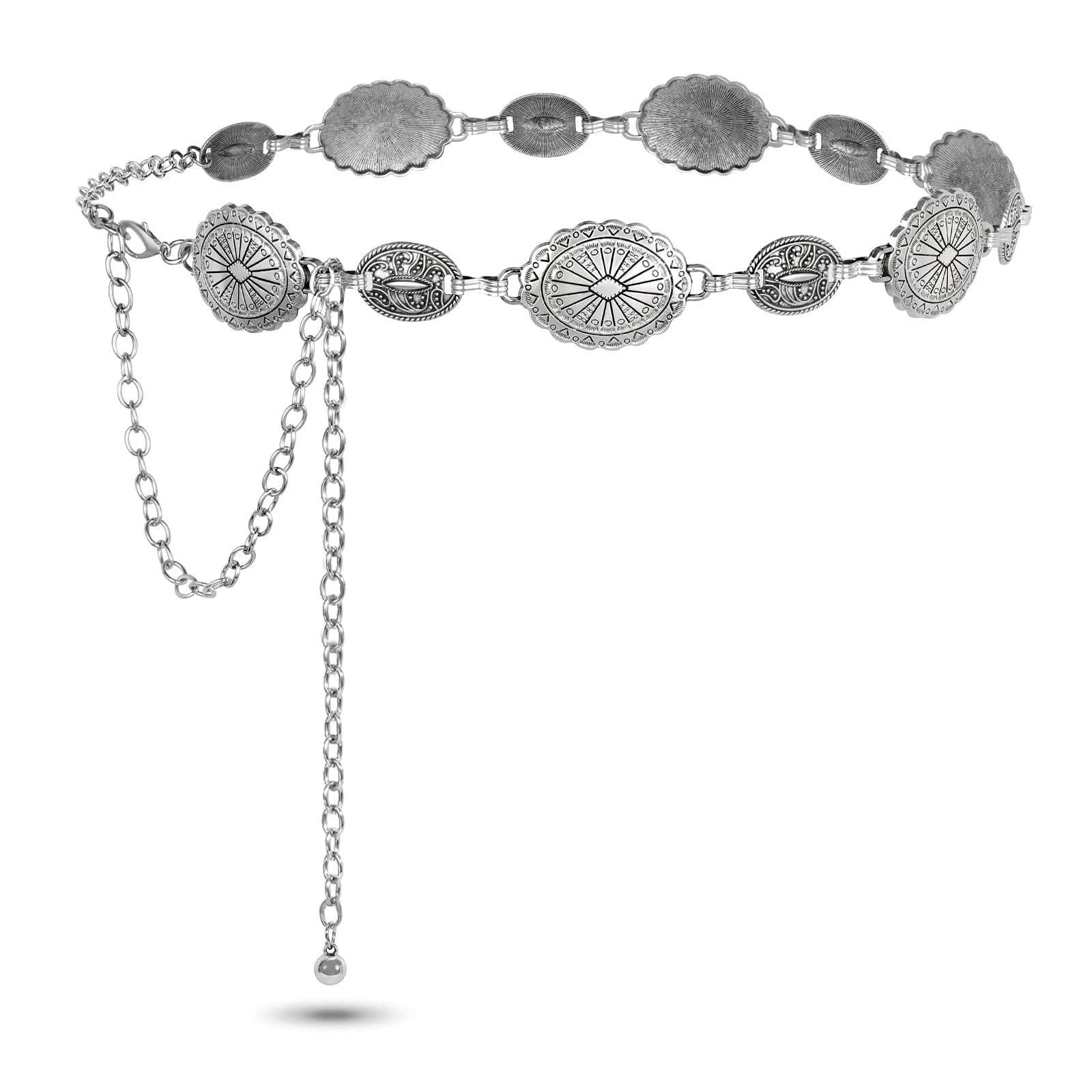 SUOSDEYWestern Chain Belts for Women Cowgirl Concho Country Turquoise Belts Metal Adjustable Vintage Silver Belt