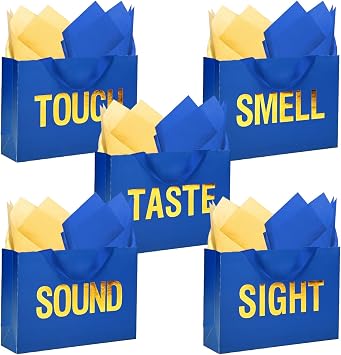 Large 5 Senses Gift Bags for Him Her, Gold Foil Sight Smell Touch Taste Sound Gift Bags,Five Senses Gift Bag for Him with Handles and Tissue Paper for Birthday, Mothers Day, Anniversary, Christmas 12.6 x 8.7 x 4 Inch Blue