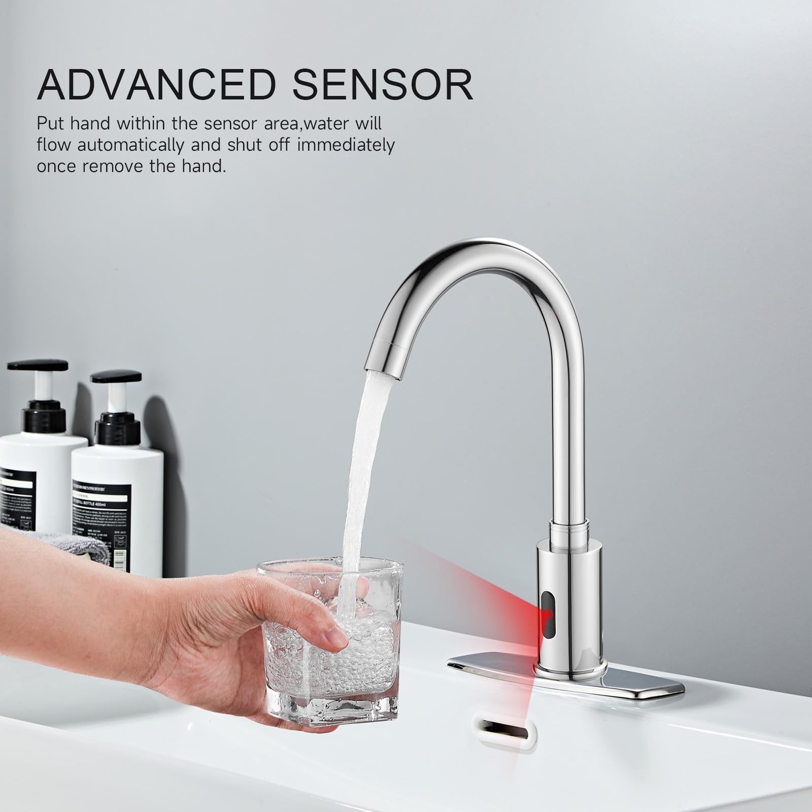 Grifo automático sin contacto para fregadero de baño, sensor de movimiento, grifo de cocina comercial manos libres con placa de cubierta de agujero, alimentado por CA/CC, grifo de fregadero público,