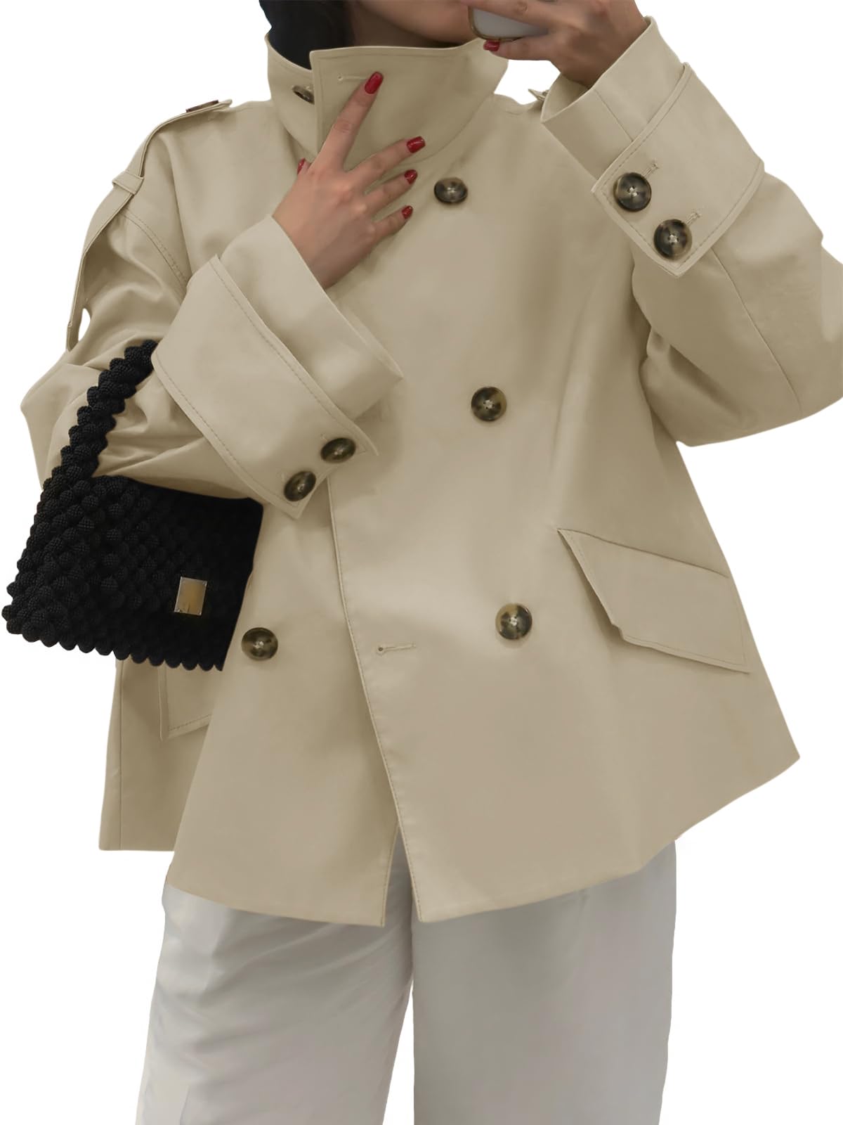 Tankaneo Womens Cropped Trench Coat Oversized Double Breasted Stand Collar Short Jacket Fall Casual Work Outerwear