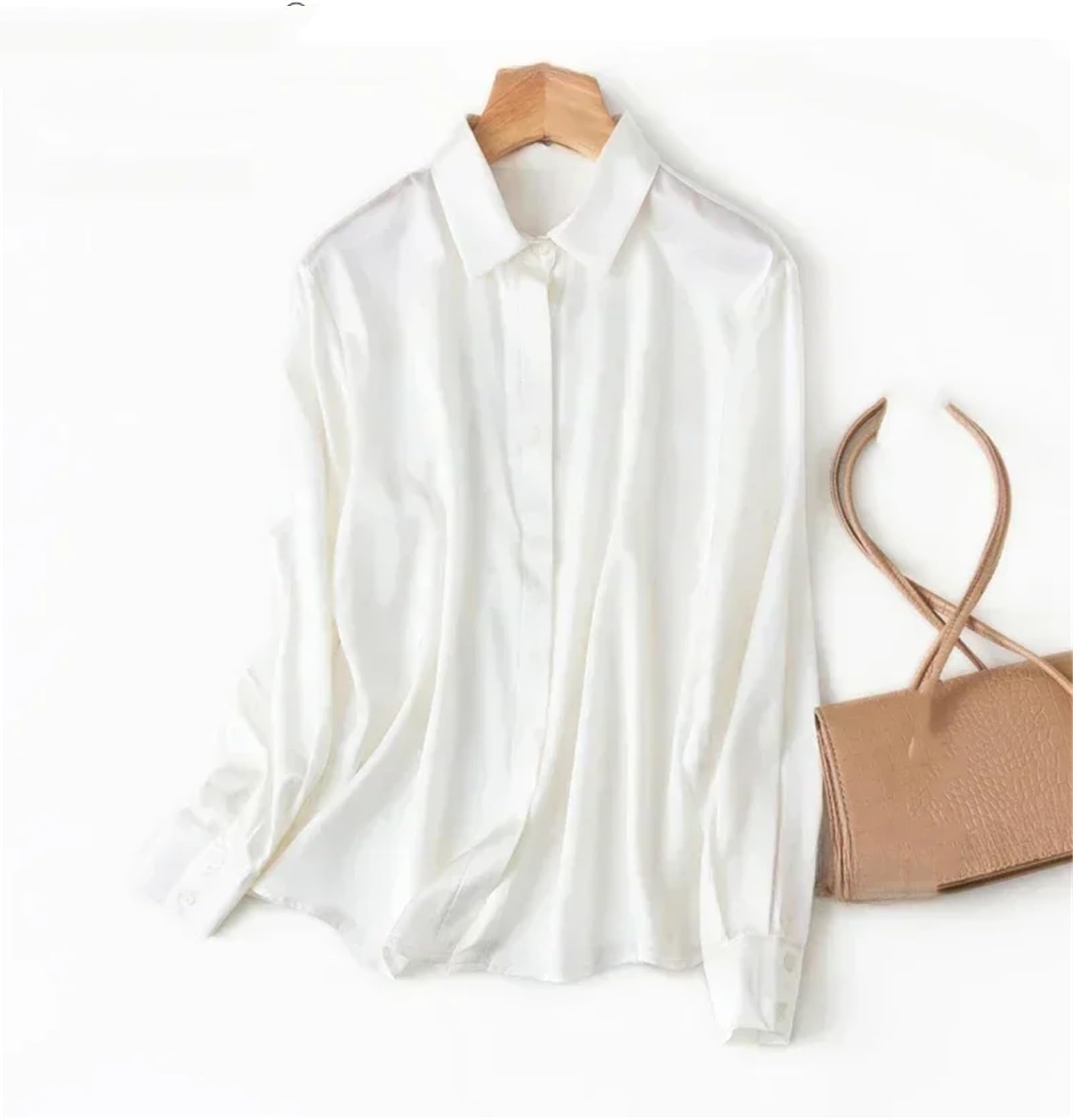 Vogrtcc Blusa de manga larga con botones de seda satinada para mujer, blusa de oficina y trabajo