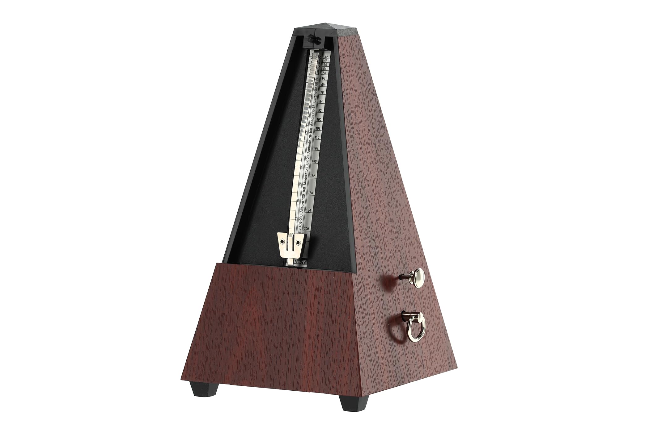 Wittner Metronomo Taktell forma piramidale Sistema Maelzel Serie 802K - Custodia in plastica - Con campana - Con coperchio in plexiglass - Venatura mogano - Non richiede batterie - Made in Germany