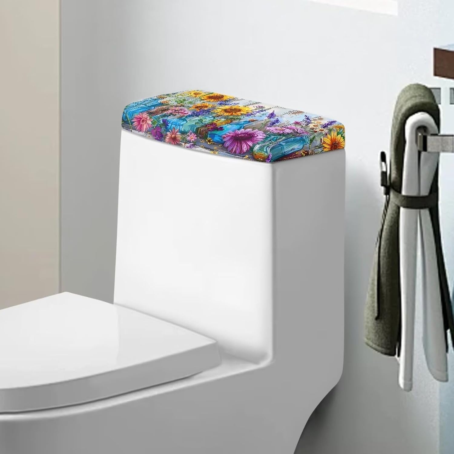 Colorful Floral Toilet Tank Cover Lid with Elastic Edge 1 Pack Replacement Lid Universal Tank Cover Bathroom Accessories