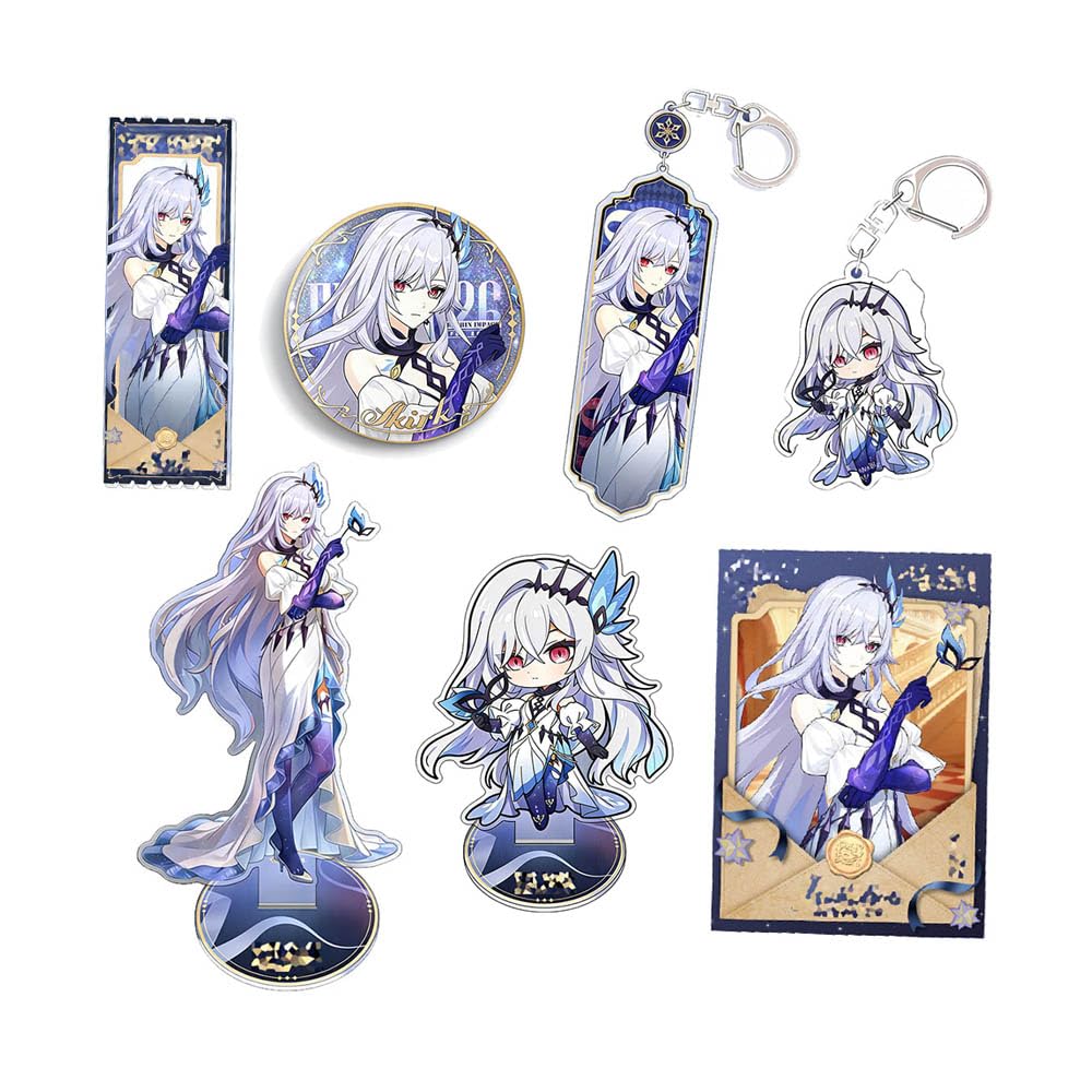 JUSONGKWCP Skirk Figure Merch 7 Pieces | Genshens Skirk Keychain Badge Acryl Stand | Cool Desk Decorations Set