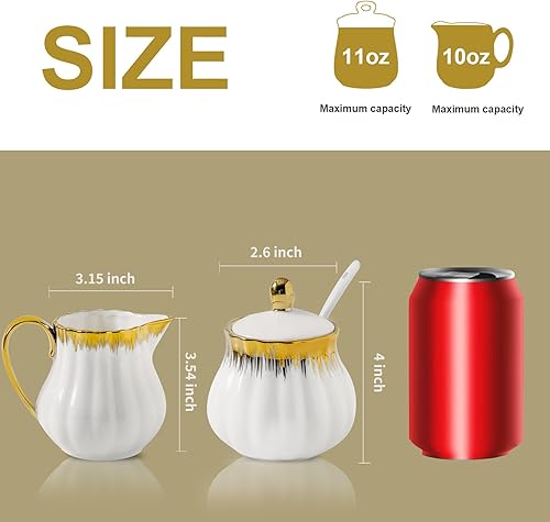 Miniatura 2 de Juego de azúcar y crema de cerámica, juego de azucarero blanco y crema con borde dorado, 3 piezas con jarra de crema de 10 onzas, azucarero de 11 oz