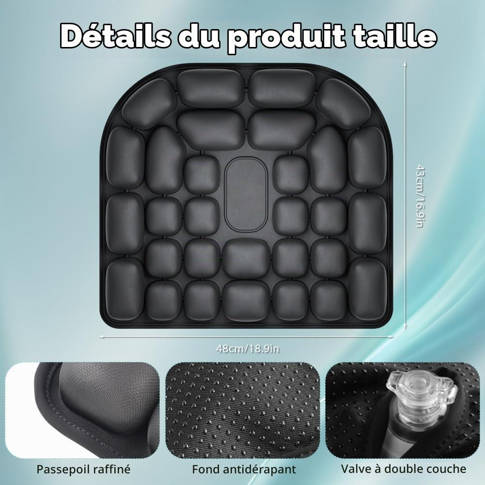 Coussin d'assise anti-escarres gonflable anti-escarres 45 x 40 cm Noir Coussin anti-escarres avec cellules d'air 3D pour soulager le coccyx au bureau, voiture, fauteuil roulant, voyage
