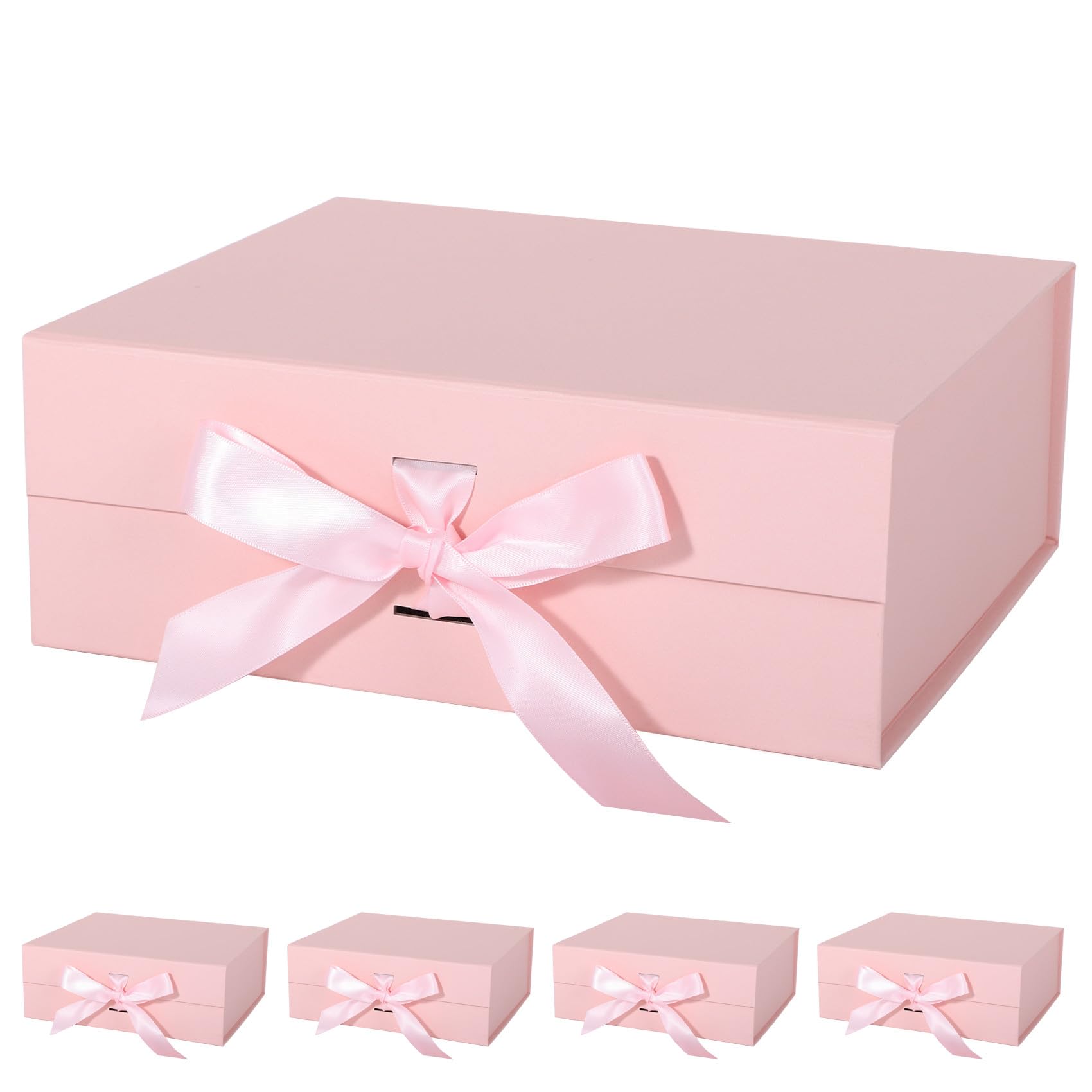 LFBOX Pink Gift Box with Ribbon Magnetic Lids 10.2x9x3.74 in, Christmas Gift Boxes Bridesmaid Groomsman Proposal Boxes, Wedding Storage Box 5 Pack