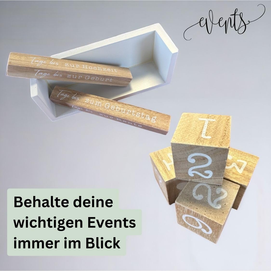 Jahres Countdown Kalender, nachhaltiger Holz-Tischkalender, Dauerkalender, Tagezähler Holz-weiß, 100% Holz (MDF), in Fenster-Box, Geburtstag, Silvester, Jahrestag, Rente, Urlaub, Geburt