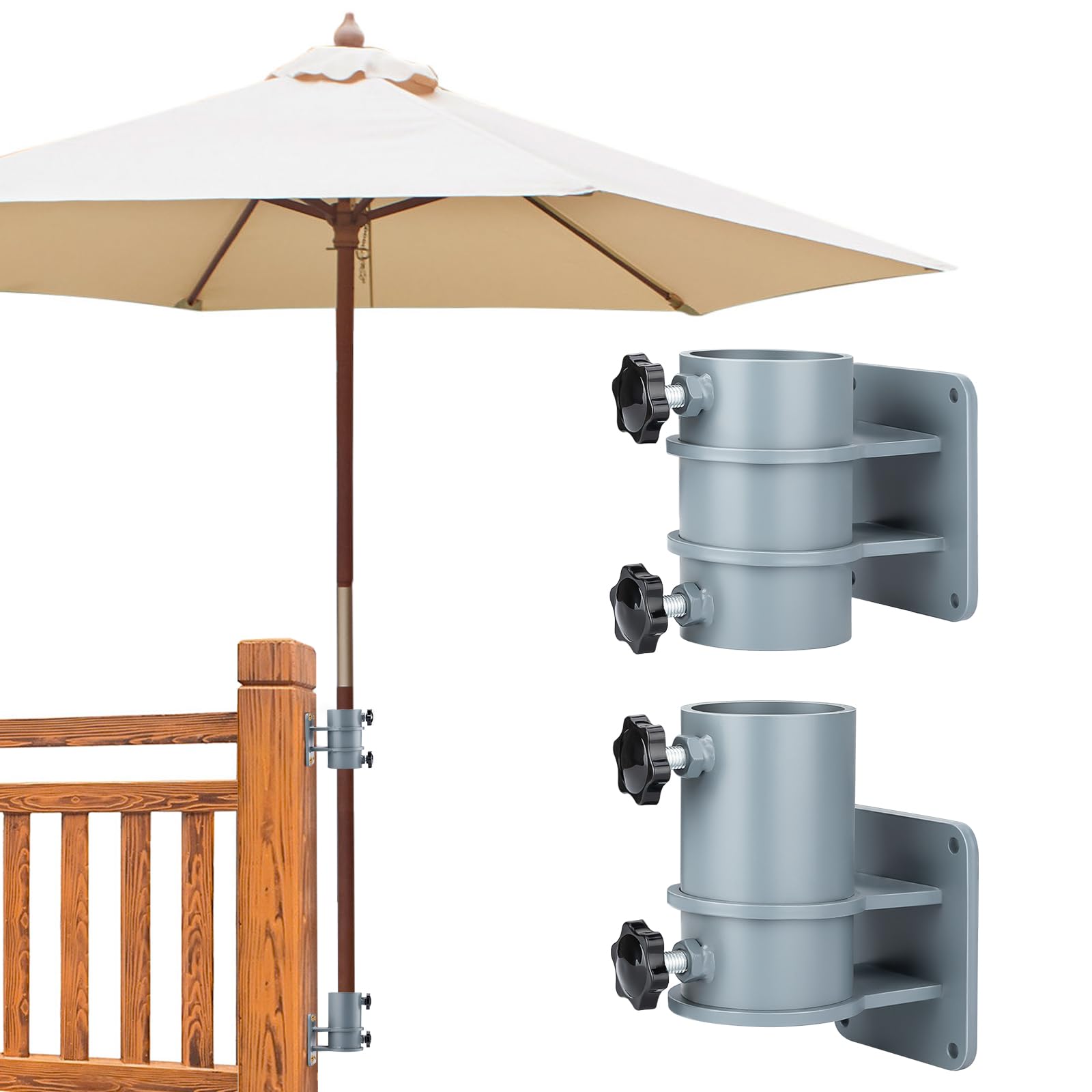 BrillihoodPair of Patio Umbrella Side Holder, Stainless Steel Parasol Holder Umbrella Clamp Mount/Bracket Sun Umbrella Base and Bracket for Outdoor Deck Railing, Balcony - Flat Mount (Grey)