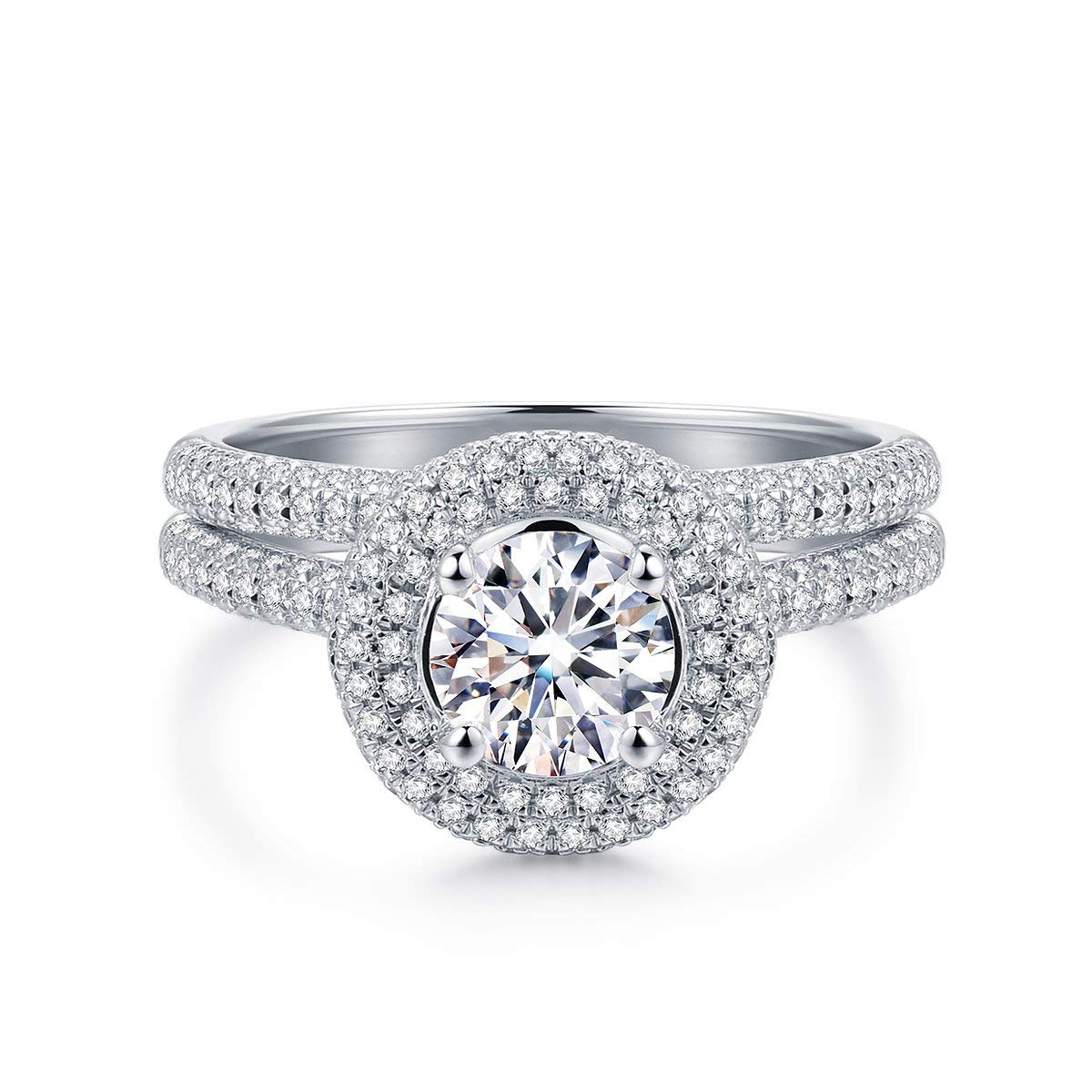 HAFEEZ CENTER 4 Prong Set Solitaire 6.5mm 1ct Cubic Zirconia CZ Halo Rhodium Plated Sterling Silver Engagement Ring Wedding Set, 2.923 cttw