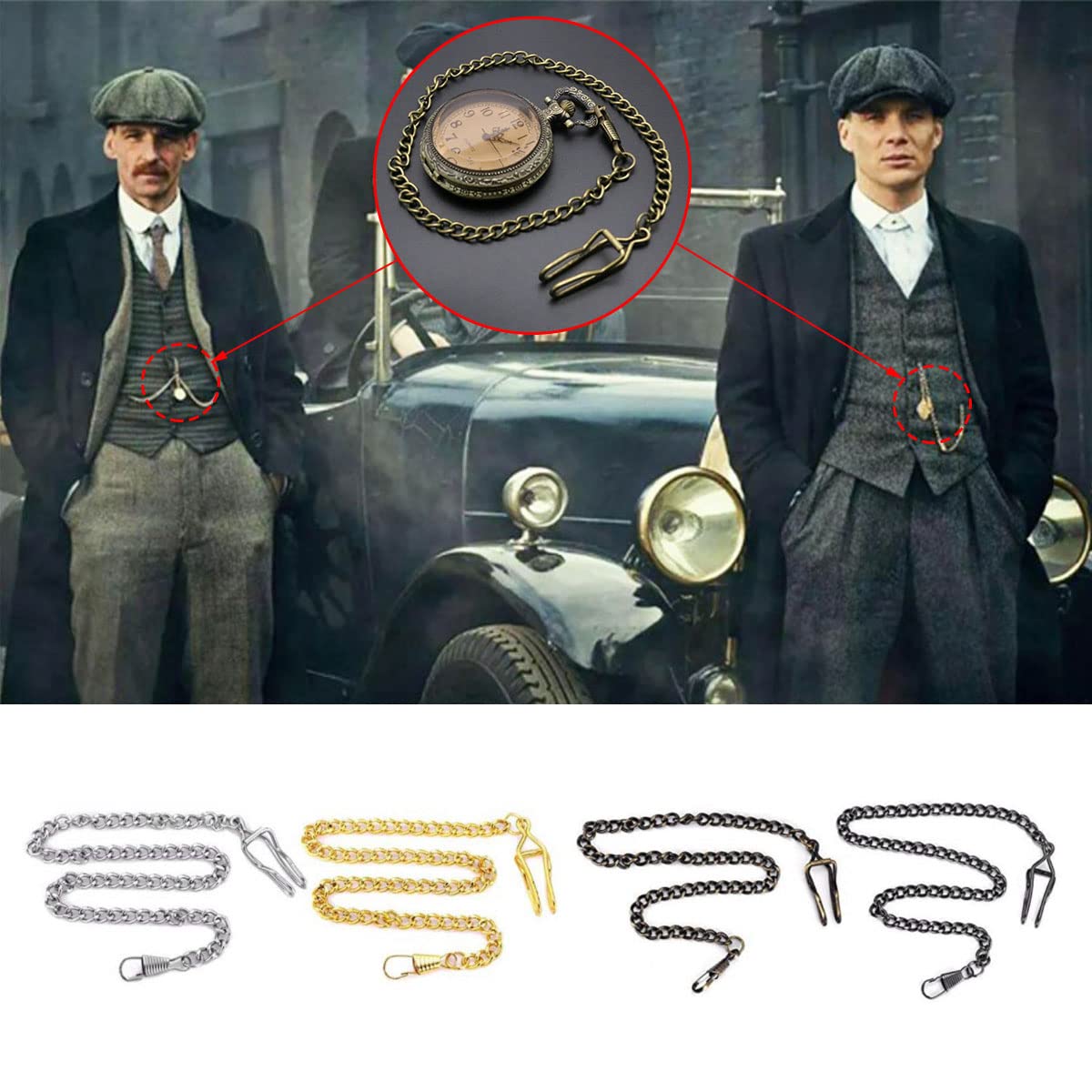 Butyeak Montre Chaîne de Gilet, Chaîne de Montre de Poche, Chaîne à Maillons Gourmette, Chaîne de Montre de Poche à Clip, Chaîne de Gilet de Poche en Alliage de Métal Vintage, 4 Pièces